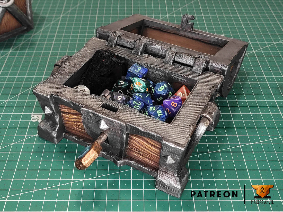 Dungeon Chest Dice Box Functional Lock 3D Print | Makers Anvil | Roleplaying 3D Printed Fantasy Scenery | Miniature Building Terrain TTRPG - 3DPrintDen