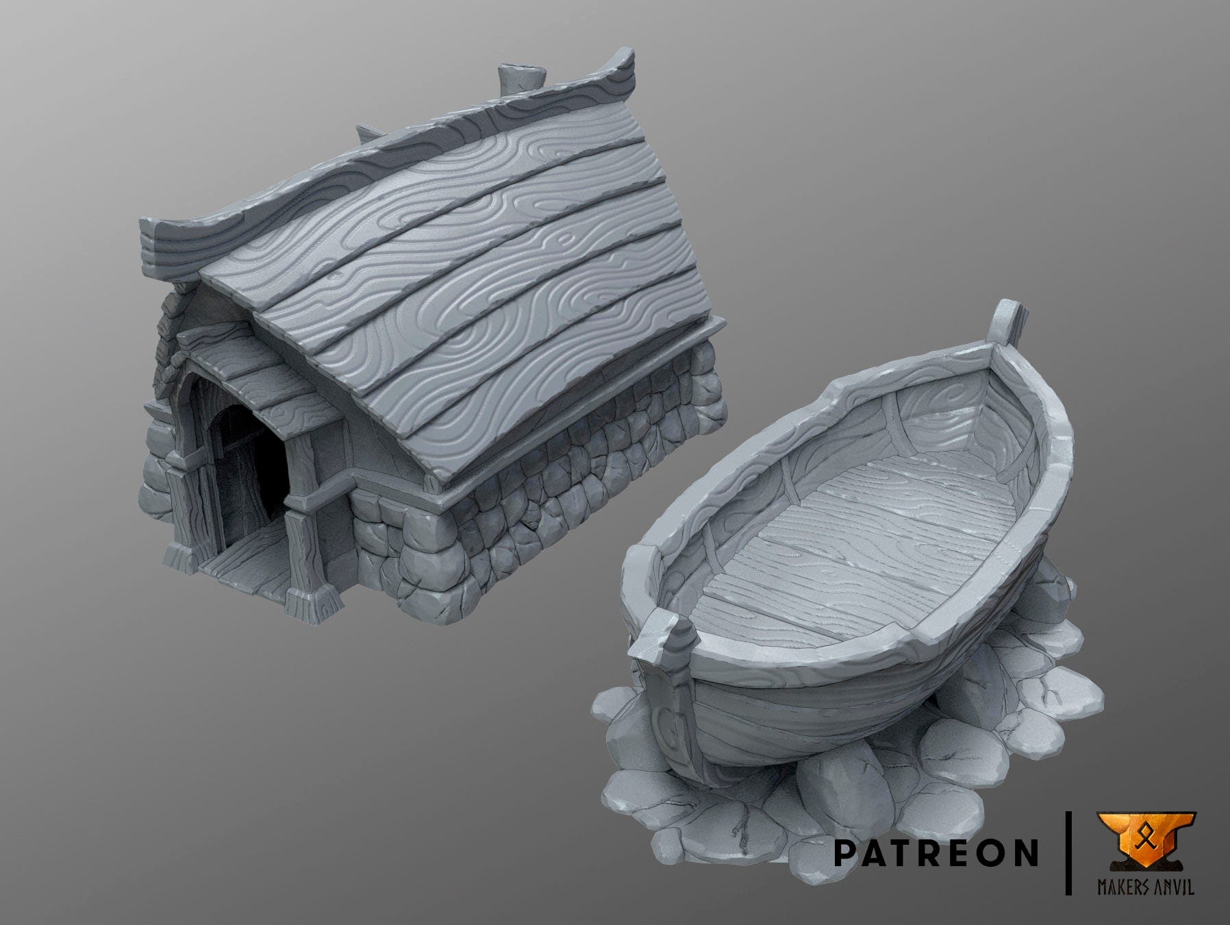 Fisherman Hut and Boat Terrain Scenery | Makers Anvil | Roleplaying 3D Printed Fantasy Scenery | Miniature Building Terrain TTRPG - 3DPrintDen