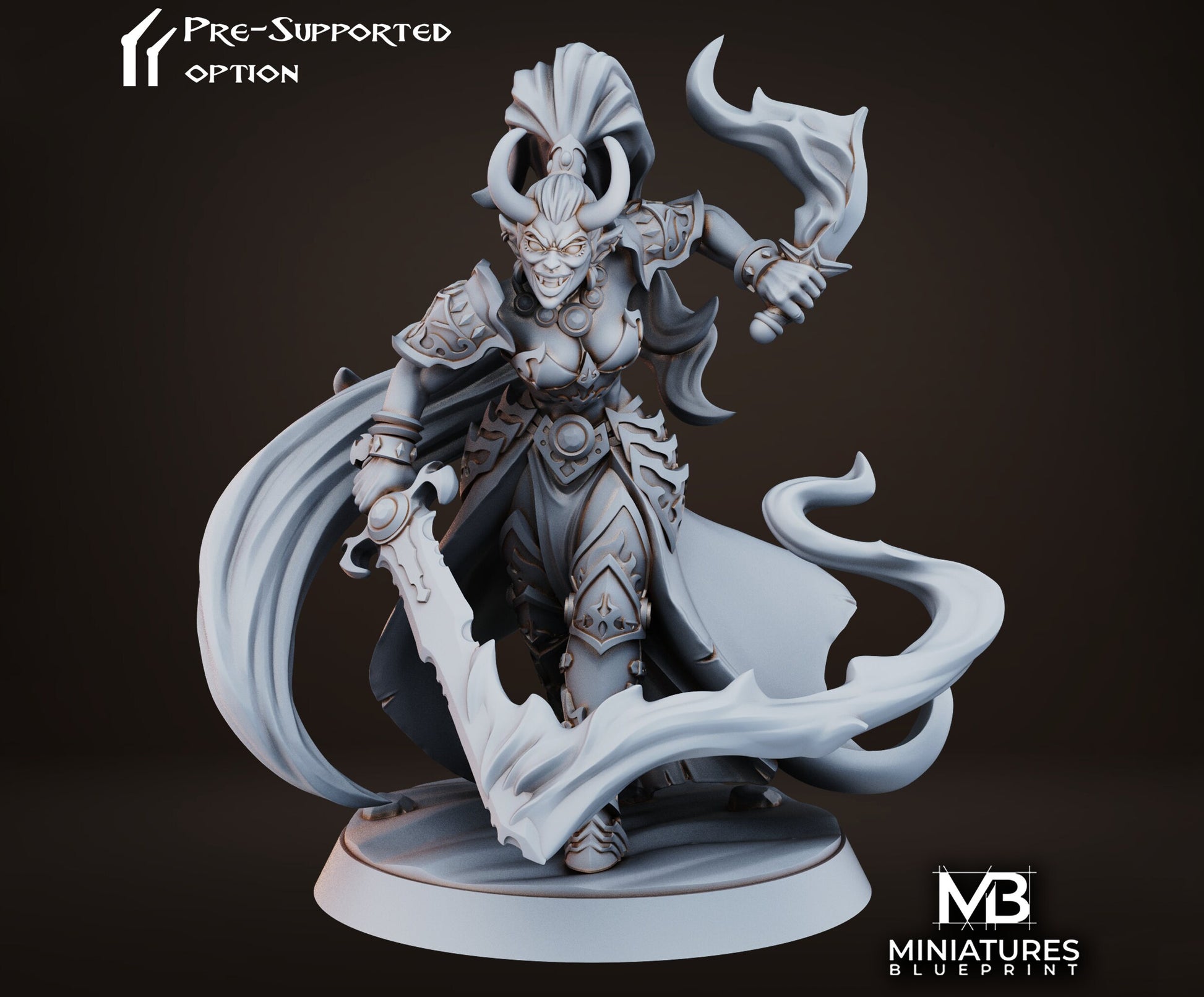 Female Fire Demon Warrior Miniature | Tabletop RPG Miniature | Miniatures Blueprint | Roleplaying 3D Printed Fantasy Mini - 3DPrintDen