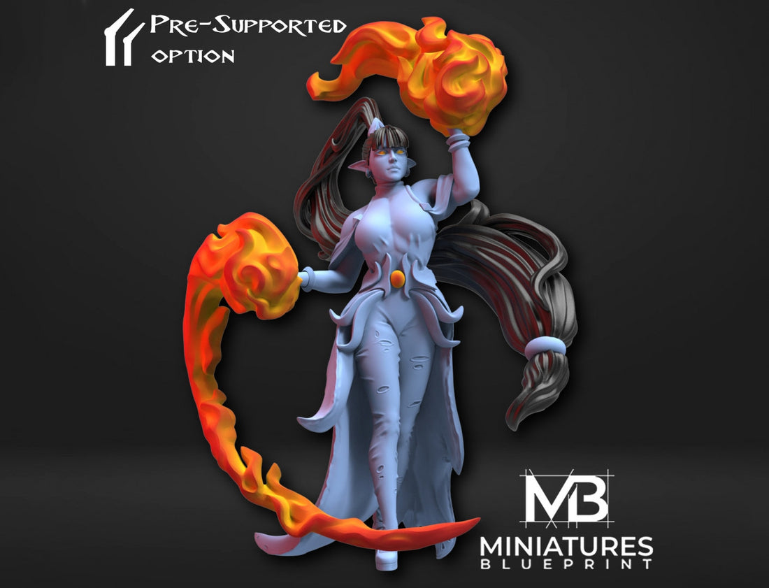 Female Elf Fire Mage Miniature | Tabletop RPG Miniature | Miniatures Blueprint | Roleplaying 3D Printed Fantasy Mini - 3DPrintDen