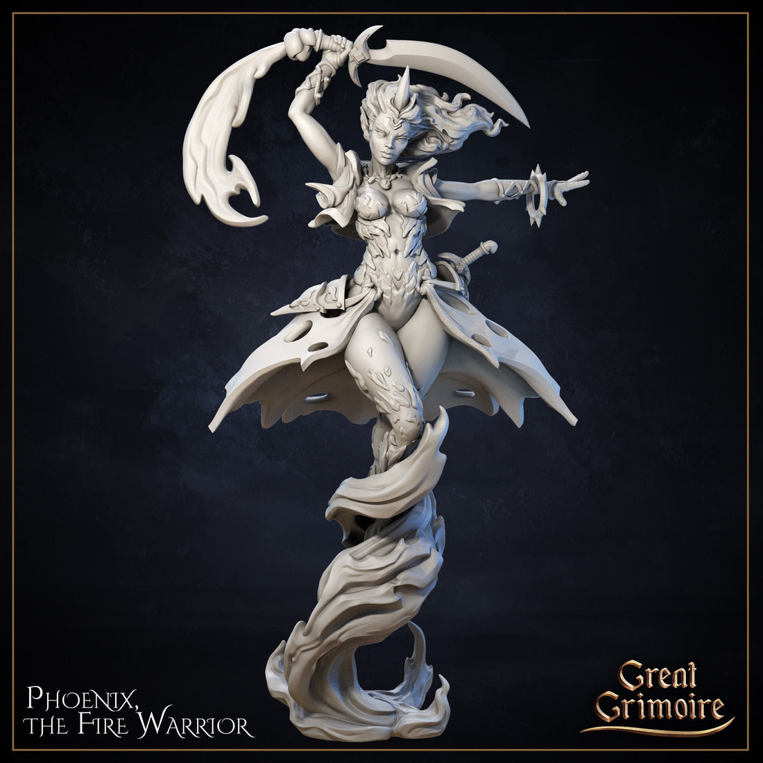 Female Fire Warrior Miniature, Pheonix | Tabletop RPG Miniature | Great Grimoire | Roleplaying 3D Printed Fantasy Mini - 3DPrintDen