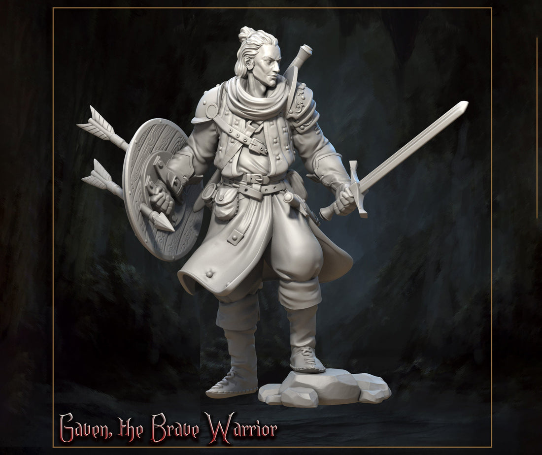 Warrior Miniature, Gaven | Tabletop RPG Miniature | Great Grimoire | Roleplaying 3D Printed Fantasy Mini - 3DPrintDen