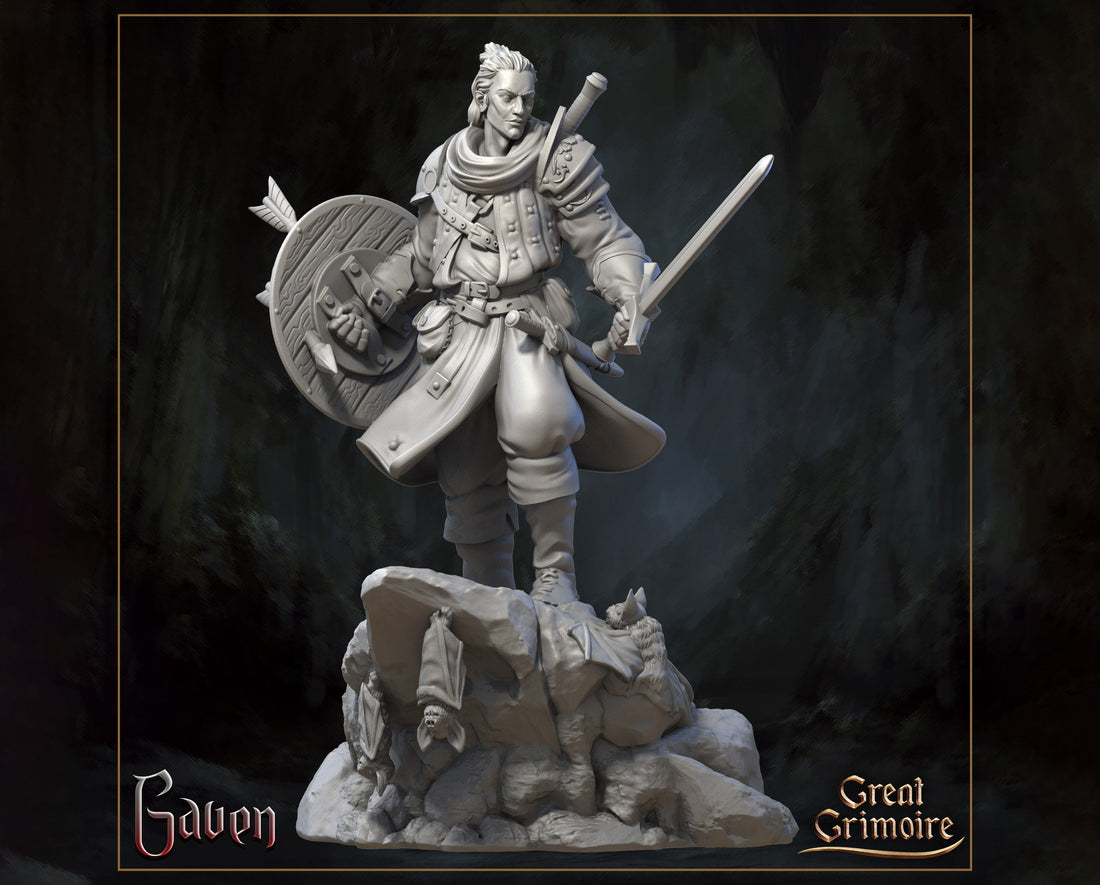 Warrior Miniature, Gaven | Tabletop RPG Miniature | Great Grimoire | Roleplaying 3D Printed Fantasy Mini - 3DPrintDen