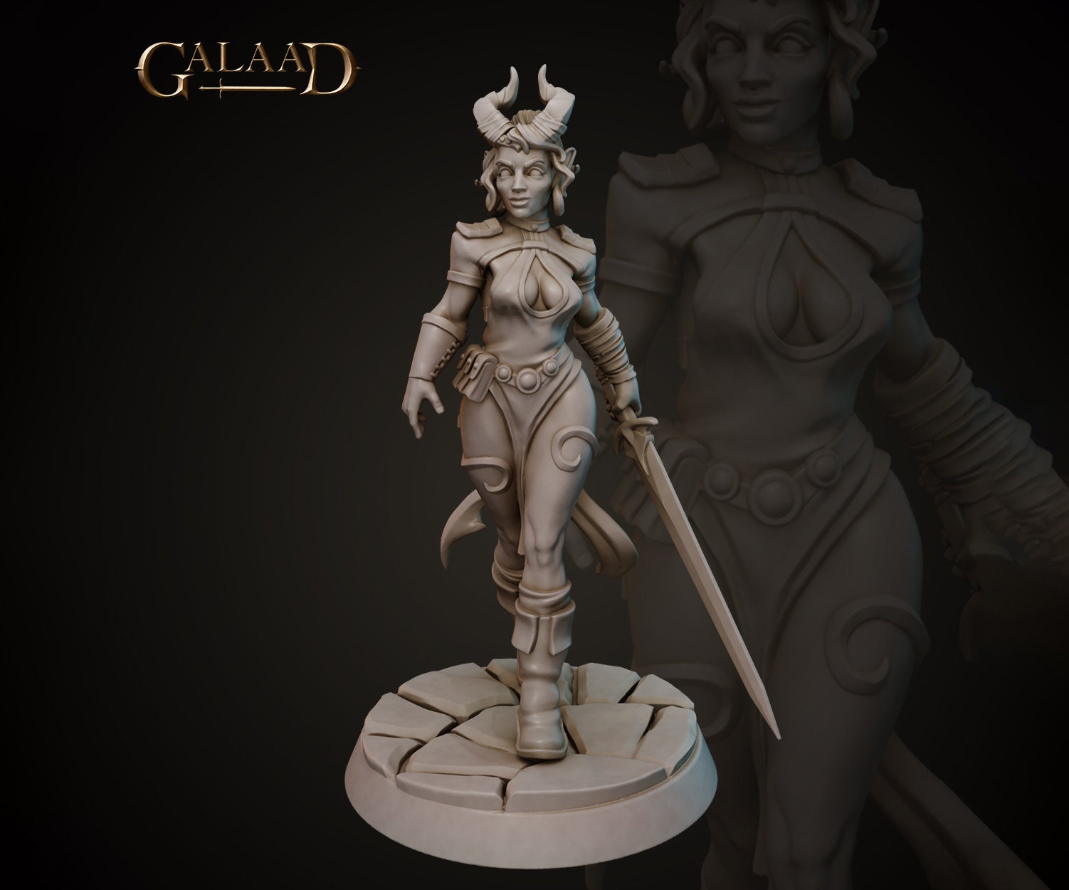 Female Tiefling Warrior Miniature | Tabletop RPG Miniature | Galaad Miniatures | Roleplaying 3D Printed Fantasy Mini - 3DPrintDen