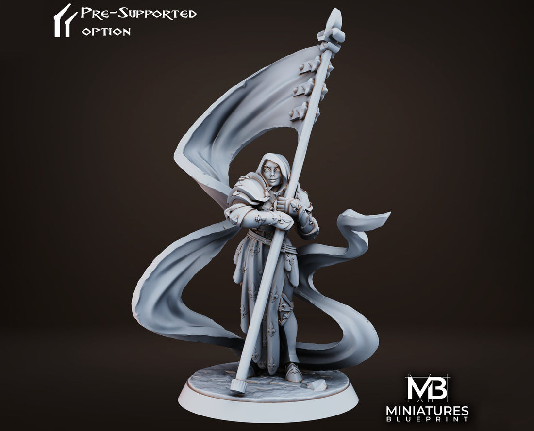 Battle Sister Banner Miniature | Tabletop RPG Miniature | Miniatures Blueprint | Roleplaying 3D Printed Fantasy Mini - 3DPrintDen