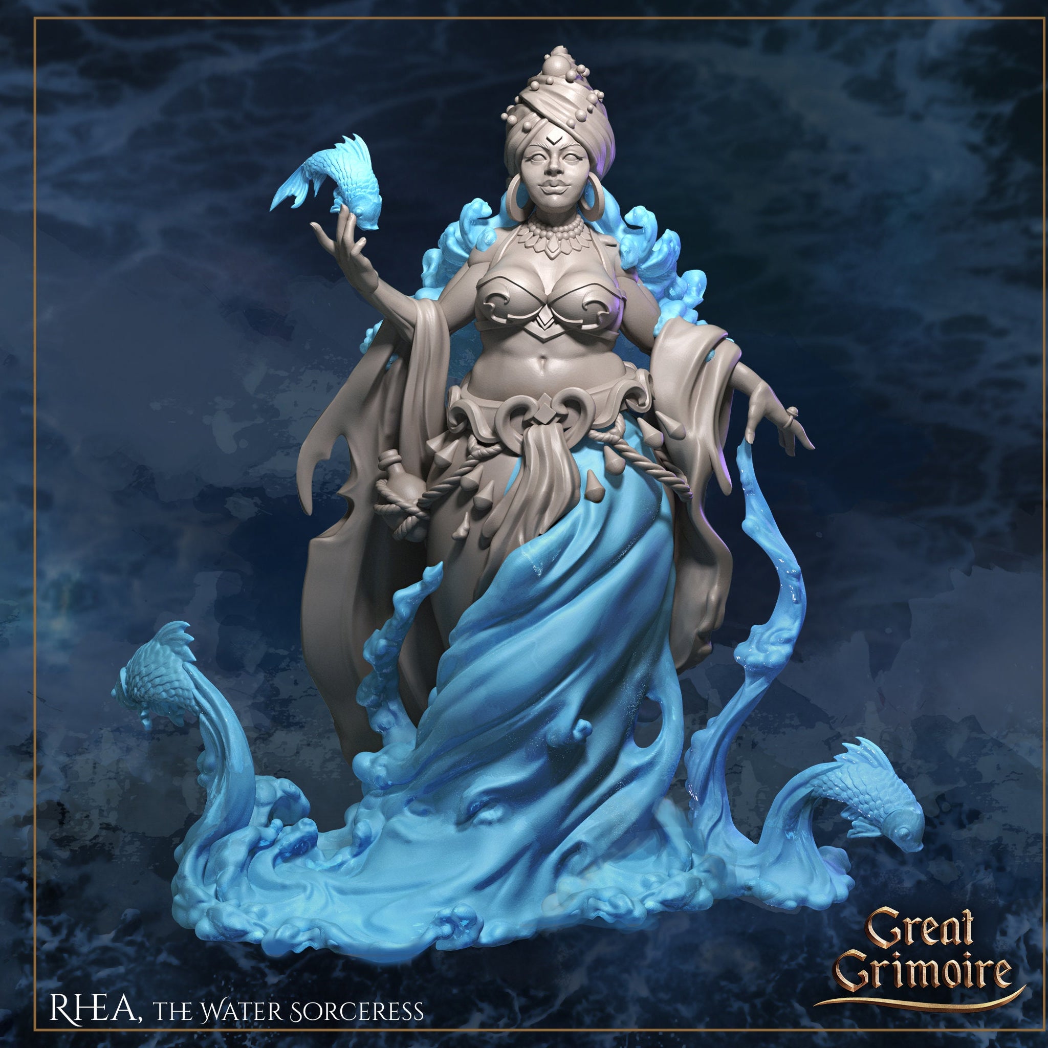 Female Water Sorcerer Miniature, Rhea | Tabletop RPG Miniature | Great Grimoire | Roleplaying 3D Printed Fantasy Mini - 3DPrintDen