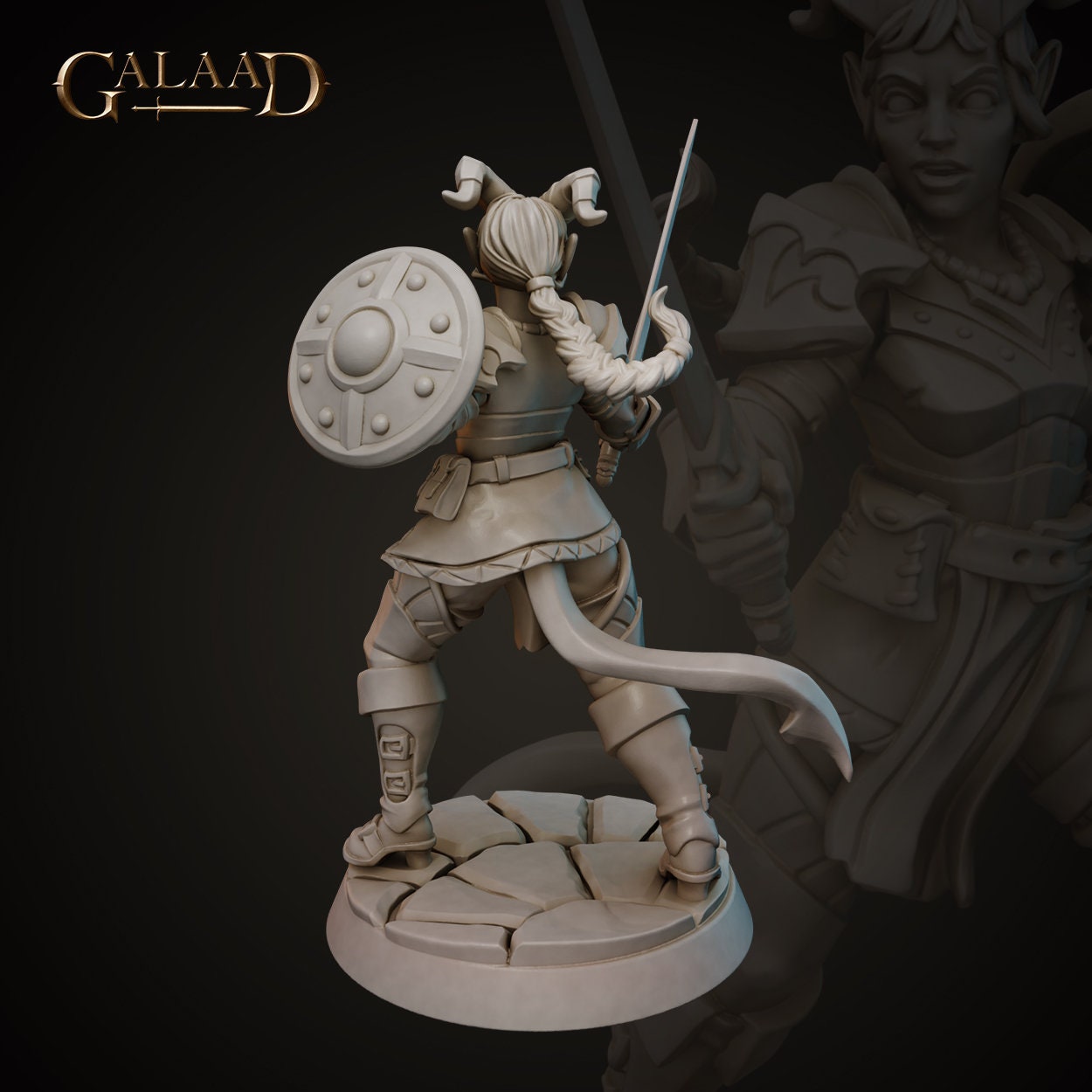 Female Tiefling Knight Miniature | Tabletop RPG Miniature | Galaad Miniatures | Roleplaying 3D Printed Fantasy Mini - 3DPrintDen