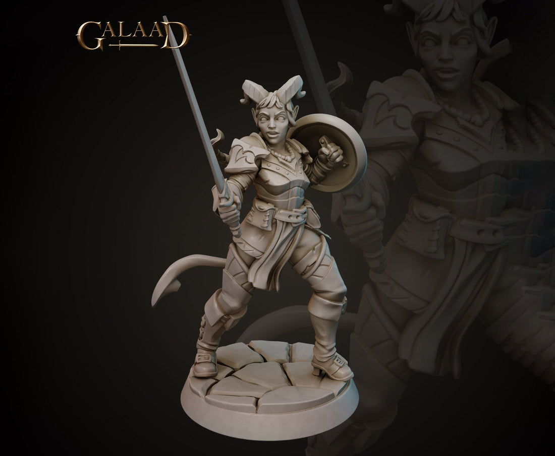 Female Tiefling Knight Miniature | Tabletop RPG Miniature | Galaad Miniatures | Roleplaying 3D Printed Fantasy Mini - 3DPrintDen