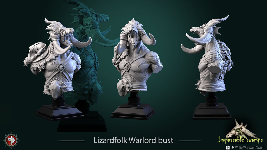 Lizardfolk Warlord Bust | Tabletop RPG Miniature | White Werewolf Tavern | Roleplaying 3D Printed Fantasy Mini - 3DPrintDen