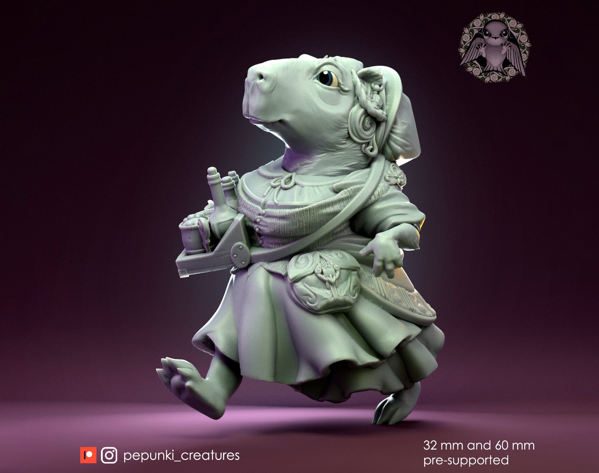 Capybara Hostess Lady Miniature | Tabletop RPG Miniature | Pepunki Creatures | Roleplaying 3D Printed Fantasy Mini - 3DPrintDen