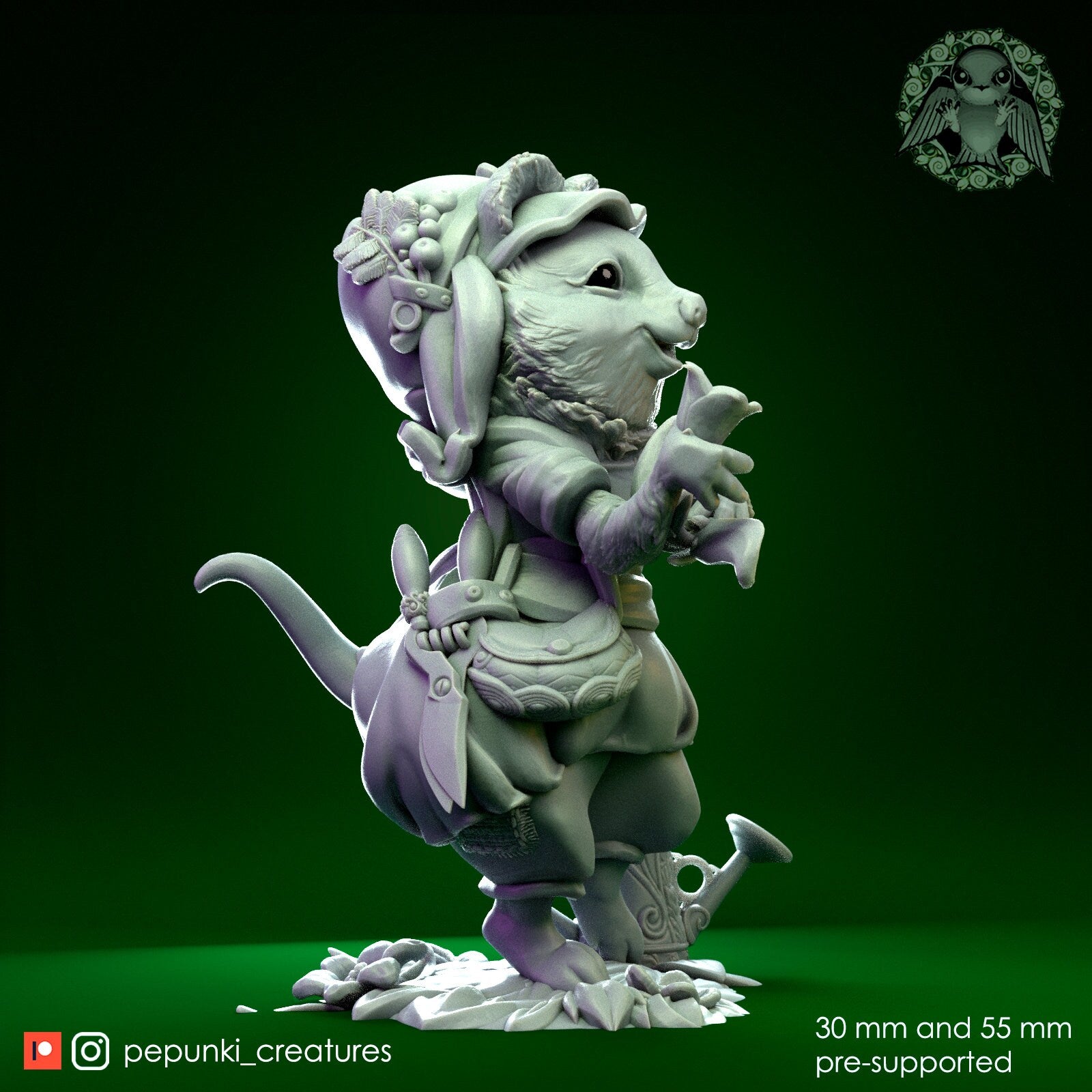 Quokka Gardener Lady Miniature | Tabletop RPG Miniature | Pepunki Creatures | Roleplaying 3D Printed Fantasy Mini - 3DPrintDen