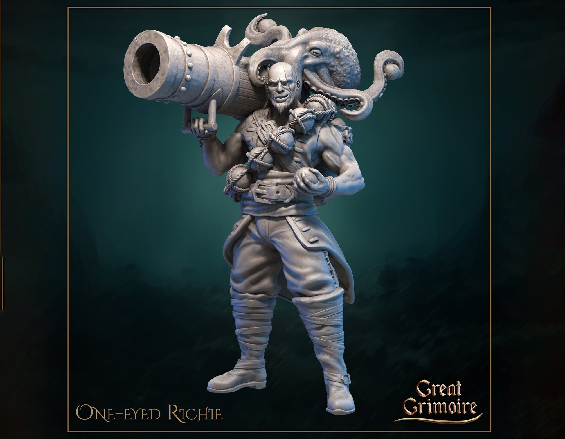 Cannoneer Miniature, One-Eyed Ritchie | Tabletop RPG Miniature | Great Grimoire | Roleplaying 3D Printed Fantasy Mini - 3DPrintDen