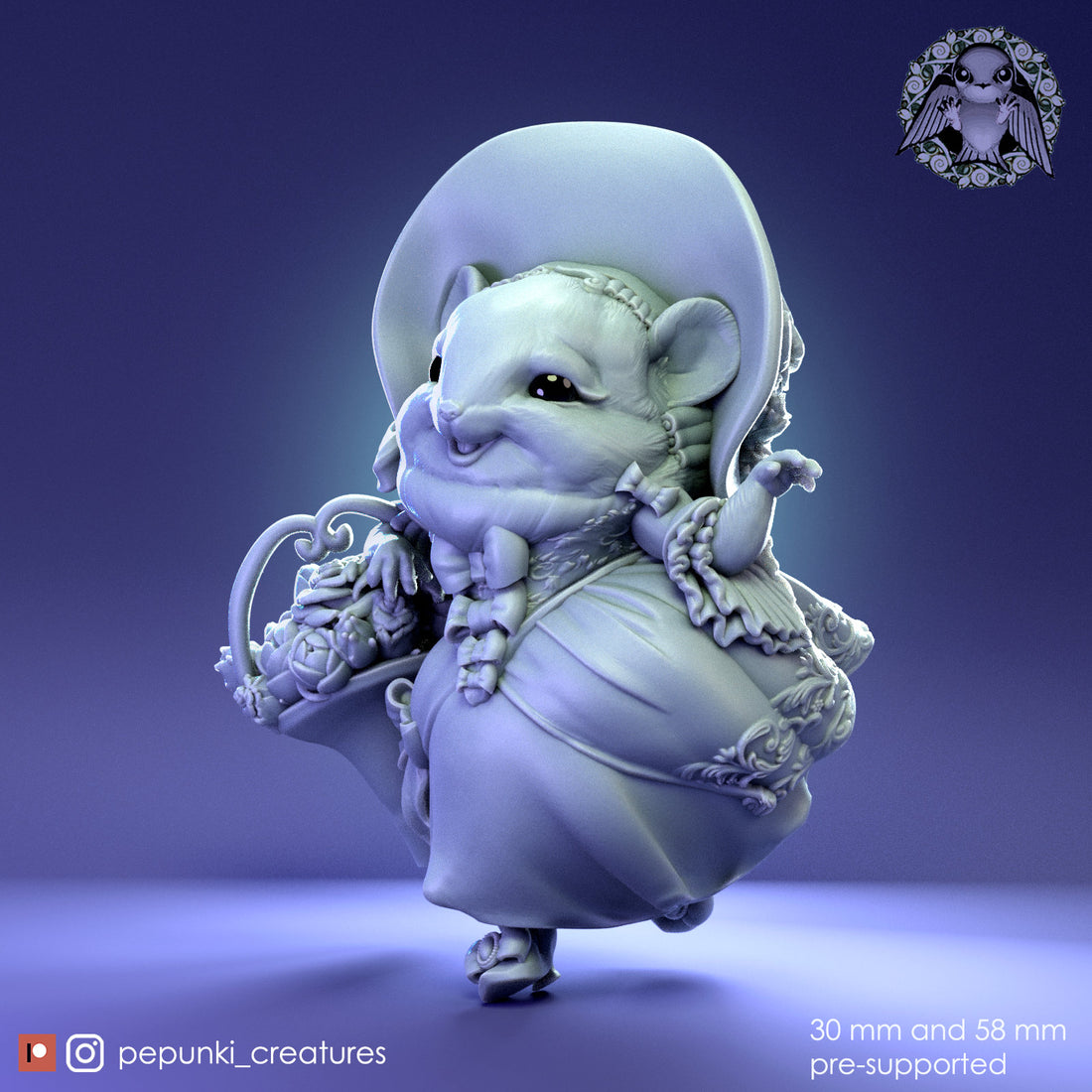 Chinchilla Florist Lady Miniature | Tabletop RPG Miniature | Pepunki Creatures | Roleplaying 3D Printed Fantasy Mini - 3DPrintDen