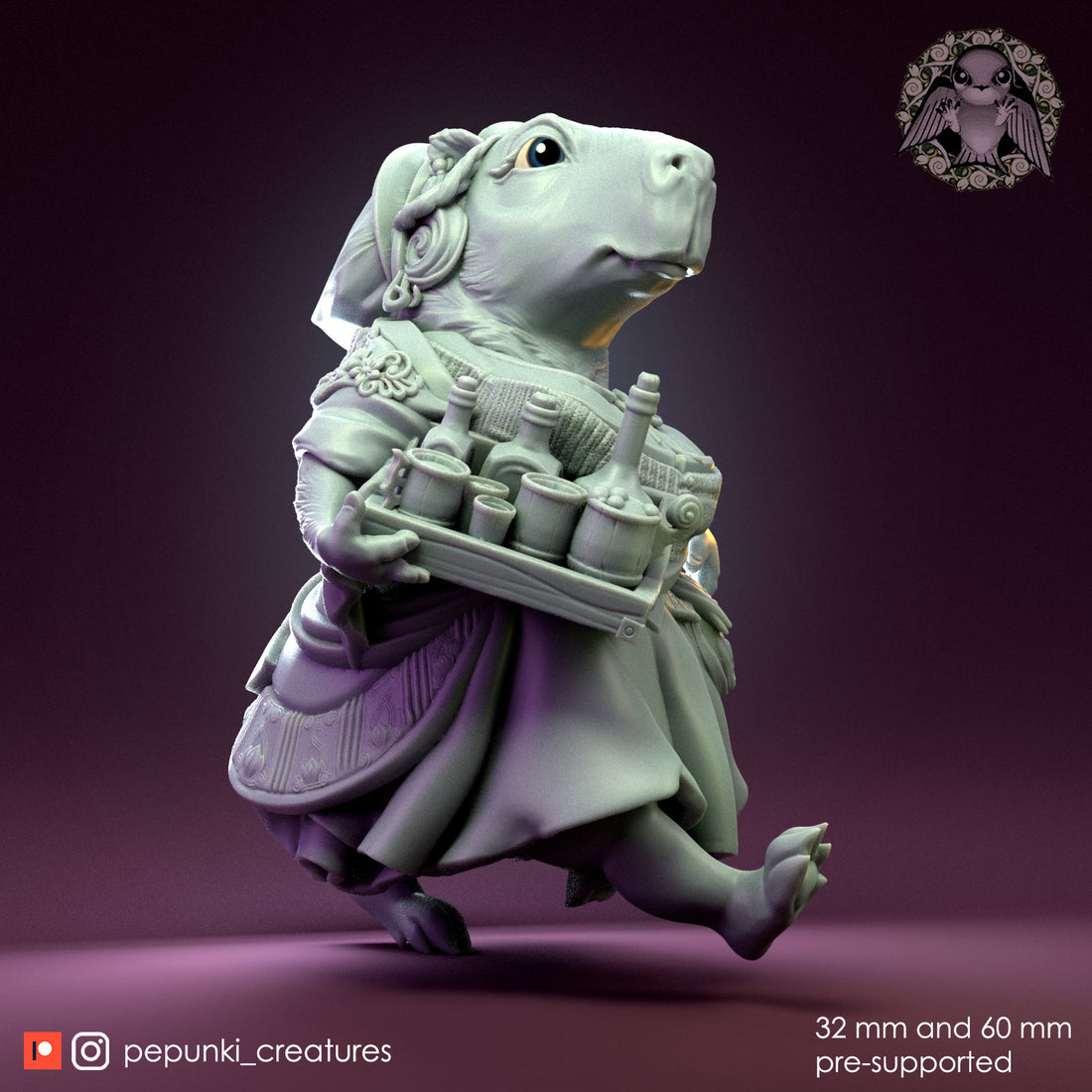 Capybara Hostess Lady Miniature | Tabletop RPG Miniature | Pepunki Creatures | Roleplaying 3D Printed Fantasy Mini - 3DPrintDen