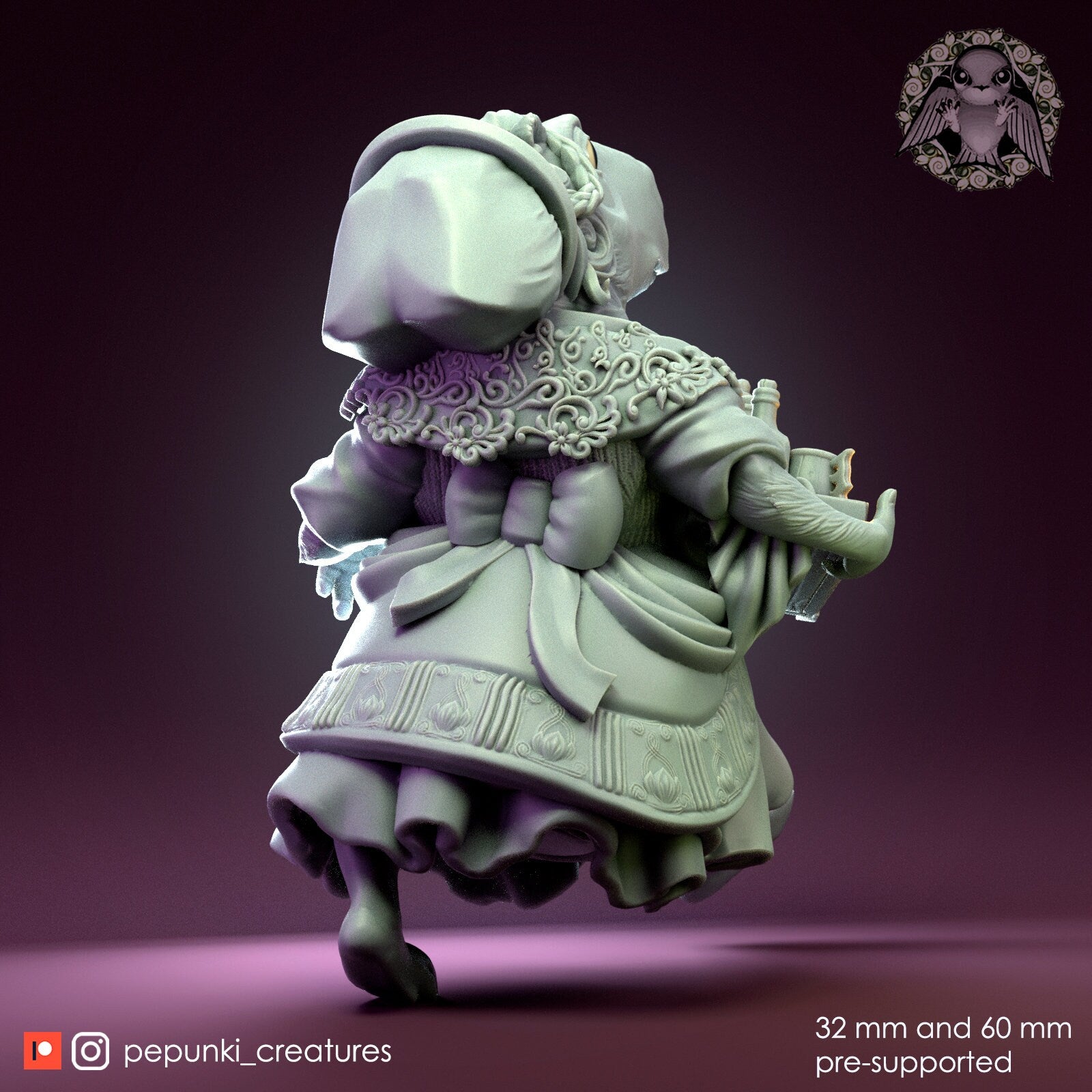 Capybara Hostess Lady Miniature | Tabletop RPG Miniature | Pepunki Creatures | Roleplaying 3D Printed Fantasy Mini - 3DPrintDen