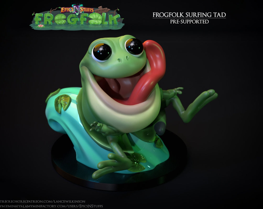 Frogfolk Surfing Tadpole Miniature | Tabletop RPG Miniature | Epic 'N' Stuff | Roleplaying 3D Printed Fantasy Mini - 3DPrintDen