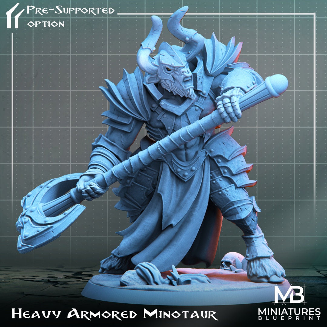 Armoured Minotaur Miniature | Tabletop RPG Miniature | Miniatures Blueprint | Roleplaying 3D Printed Fantasy Mini - 3DPrintDen