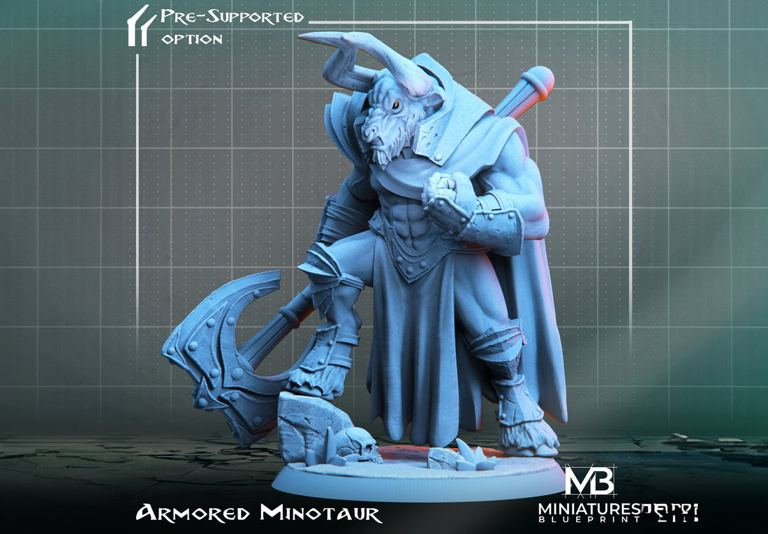 Armoured Minotaur Miniature | Tabletop RPG Miniature | Miniatures Blueprint | Roleplaying 3D Printed Fantasy Mini - 3DPrintDen