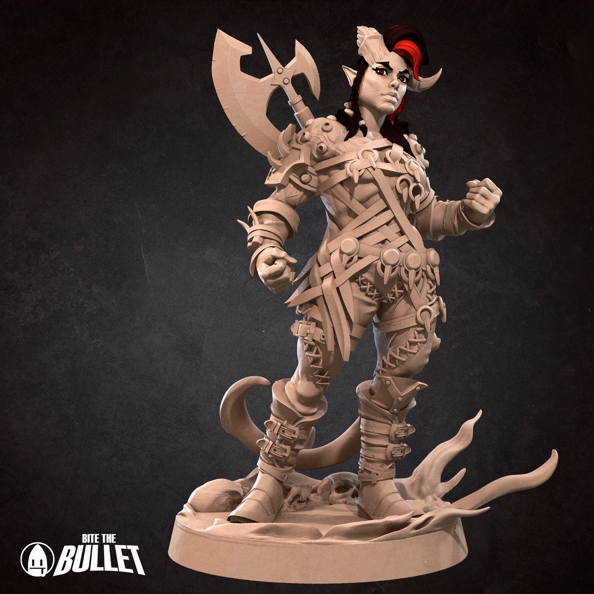 Female Tiefling Barbarian Miniature | Tabletop RPG Miniature | Bite the Bullet | Roleplaying 3D Printed Fantasy Mini - 3DPrintDen