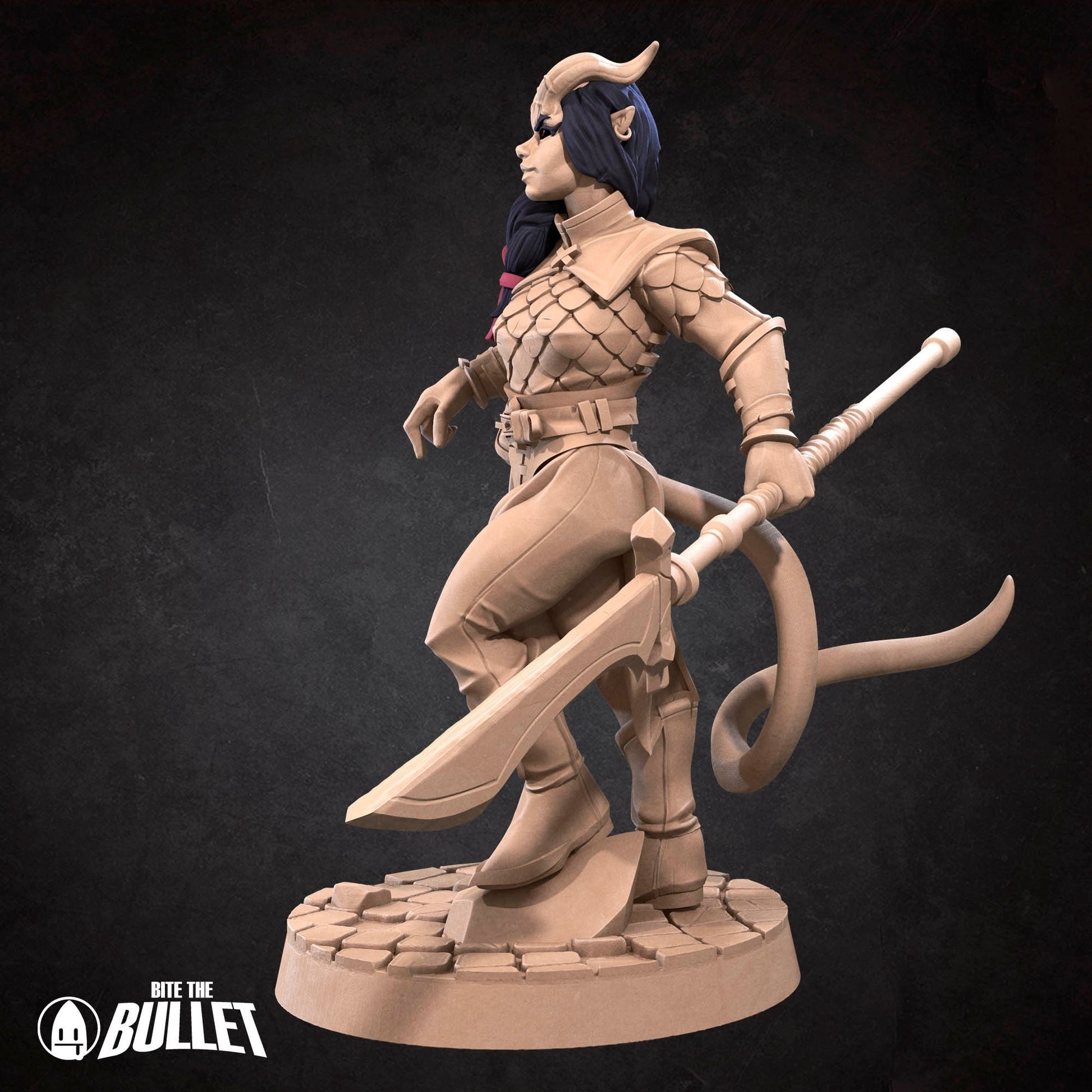 Female Tiefling Fighter Miniature | Tabletop RPG Miniature | Bite the Bullet | Roleplaying 3D Printed Fantasy Mini - 3DPrintDen