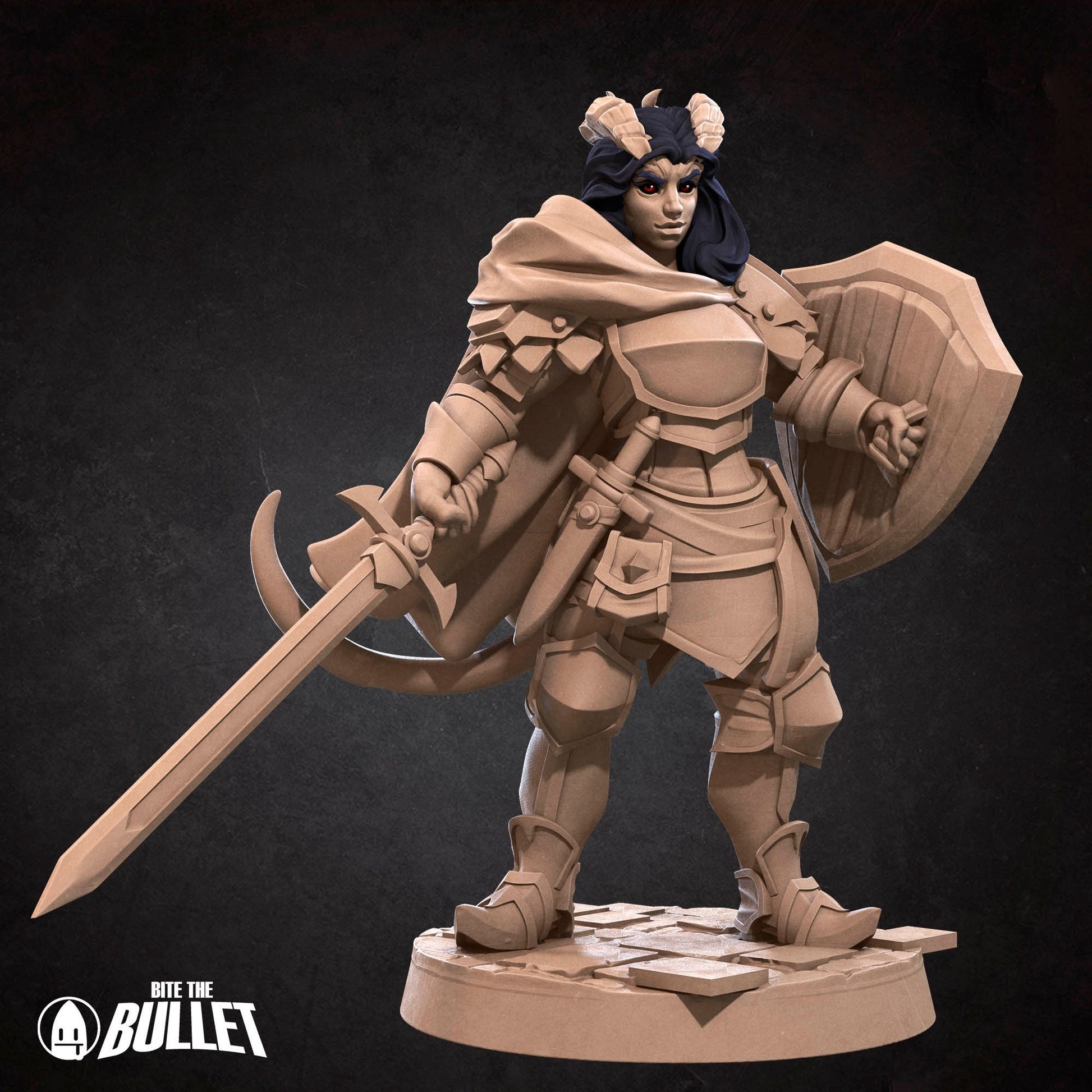 Female Tiefling Paladin Miniature | Tabletop RPG Miniature | Bite the Bullet | Roleplaying 3D Printed Fantasy Mini - 3DPrintDen