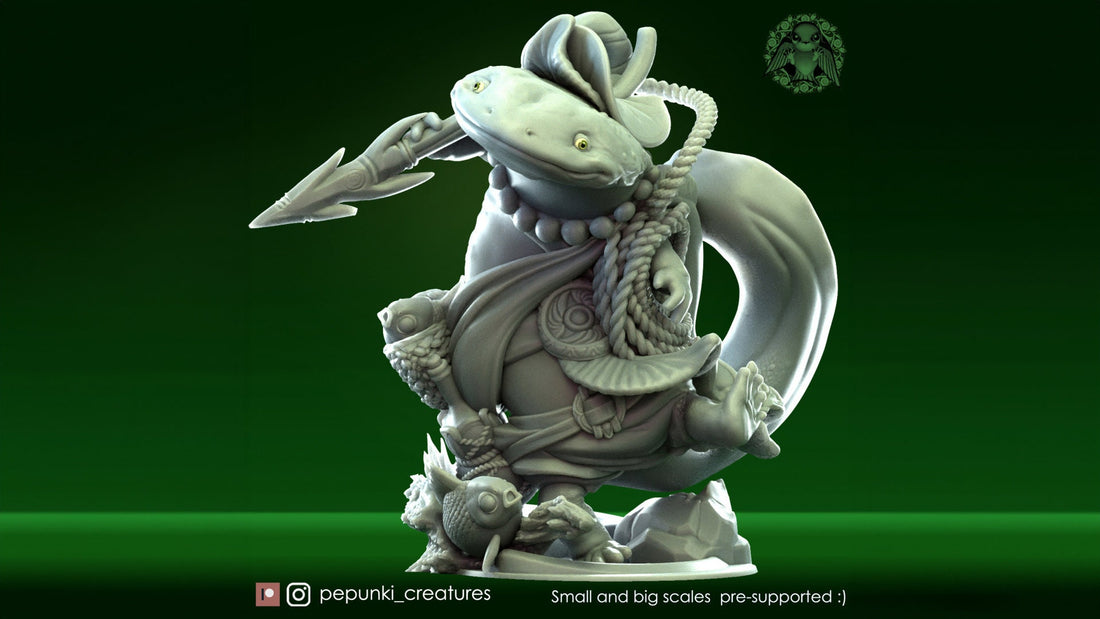 Salamander Fisherman Miniature | Tabletop RPG Miniature | Pepunki Creatures | Roleplaying 3D Printed Fantasy Mini - 3DPrintDen