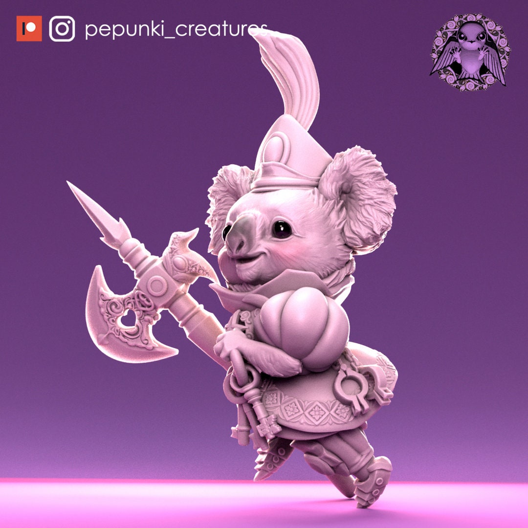 Koala Warrior Miniature | Tabletop RPG Miniature | Pepunki Creatures | Roleplaying 3D Printed Fantasy Mini - 3DPrintDen