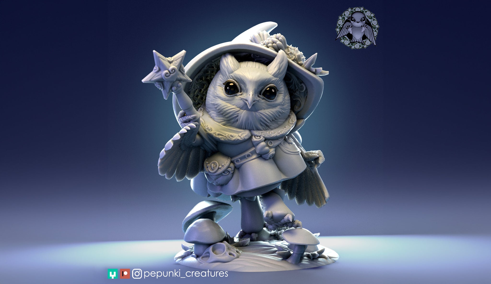 Owl Mage Miniature | Tabletop RPG Miniature | Pepunki Creatures | Roleplaying 3D Printed Fantasy Mini - 3DPrintDen