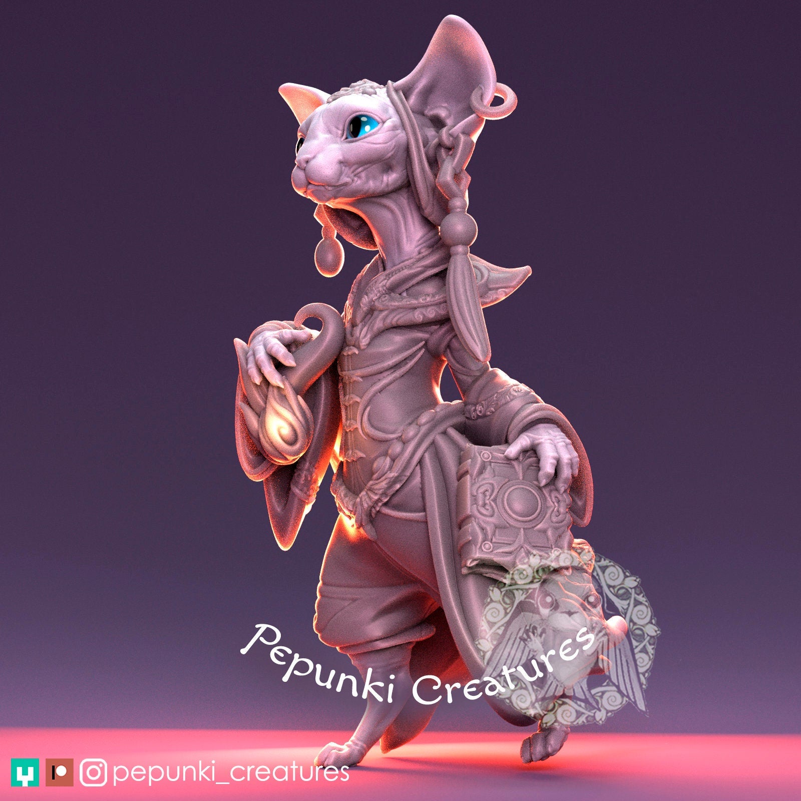 Sphynx Cat Mage Miniature | Tabletop RPG Miniature | Pepunki Creatures | Roleplaying 3D Printed Fantasy Mini - 3DPrintDen