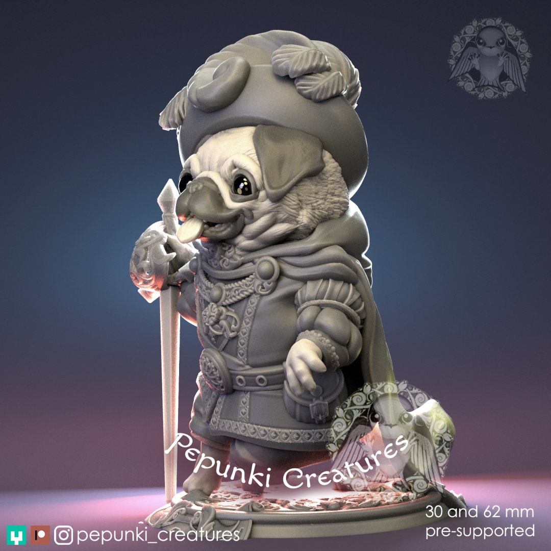 Pug Chevalier Miniature | Tabletop RPG Miniature | Pepunki Creatures | Roleplaying 3D Printed Fantasy Mini - 3DPrintDen