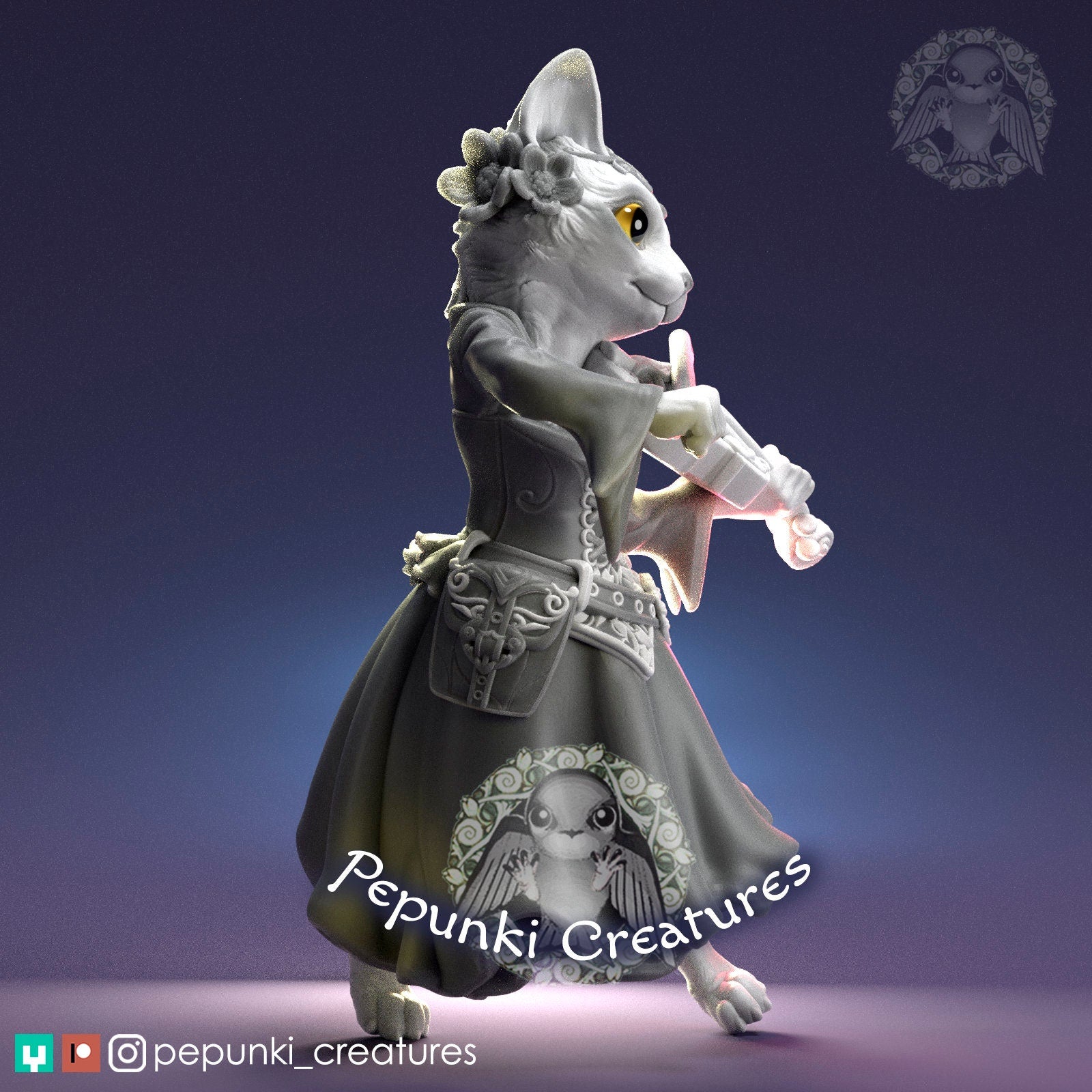 Lady Cat Bard Miniature | Tabletop RPG Miniature | Pepunki Creatures | Roleplaying 3D Printed Fantasy Mini - 3DPrintDen