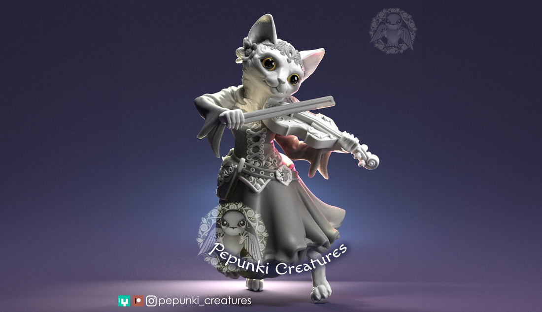 Lady Cat Bard Miniature | Tabletop RPG Miniature | Pepunki Creatures | Roleplaying 3D Printed Fantasy Mini - 3DPrintDen