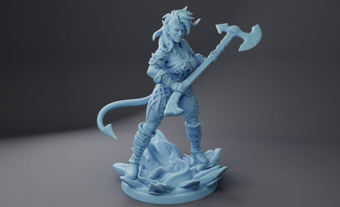 Female Tiefling Barbarian Miniature, Charla | Twin Goddess Miniatures | Tabletop RPG Miniature | Roleplaying 3D Printed Fantasy Mini - 3DPrintDen