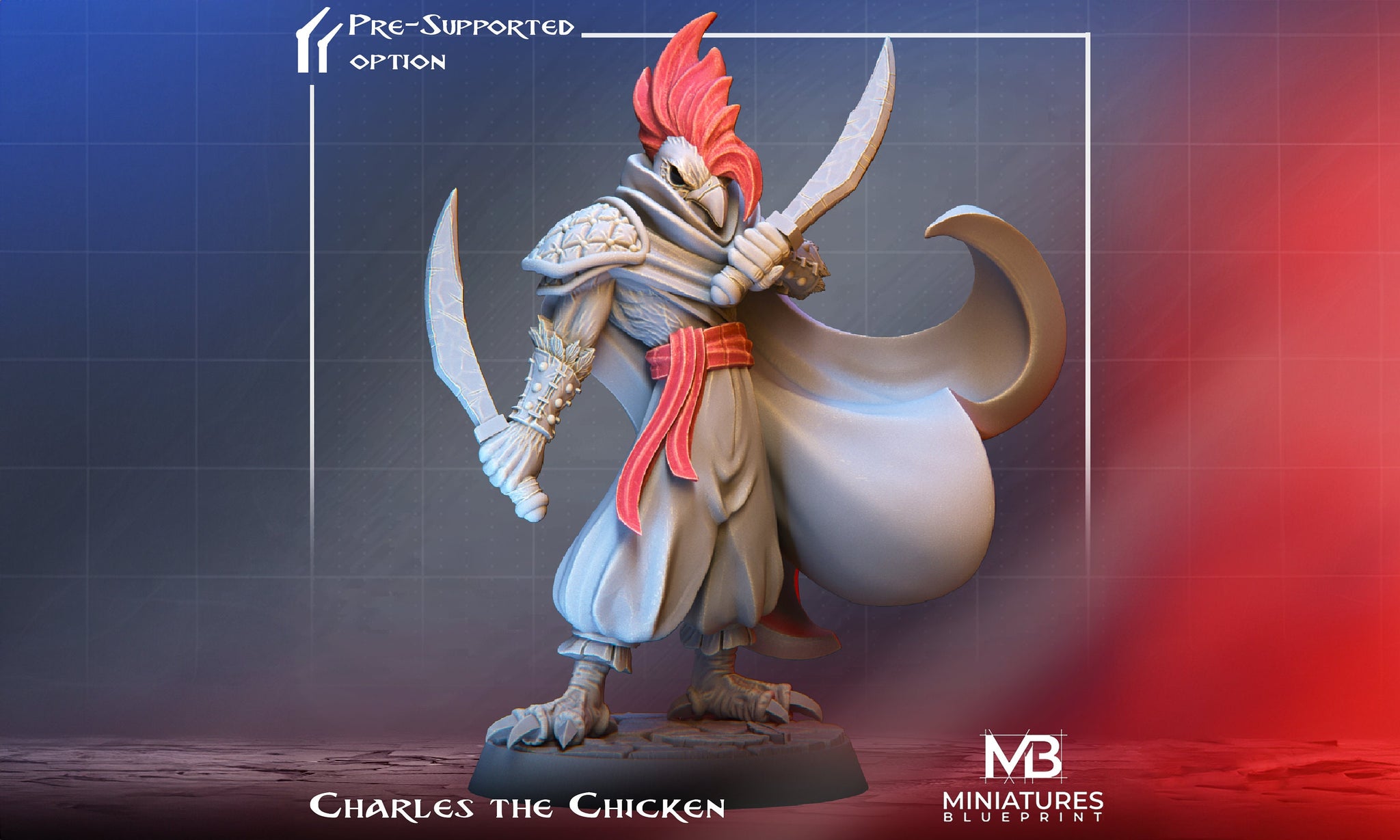 Chicken Warrior Miniature, Charles | Tabletop RPG Miniature | Miniatures Blueprint | Roleplaying 3D Printed Fantasy Mini - 3DPrintDen