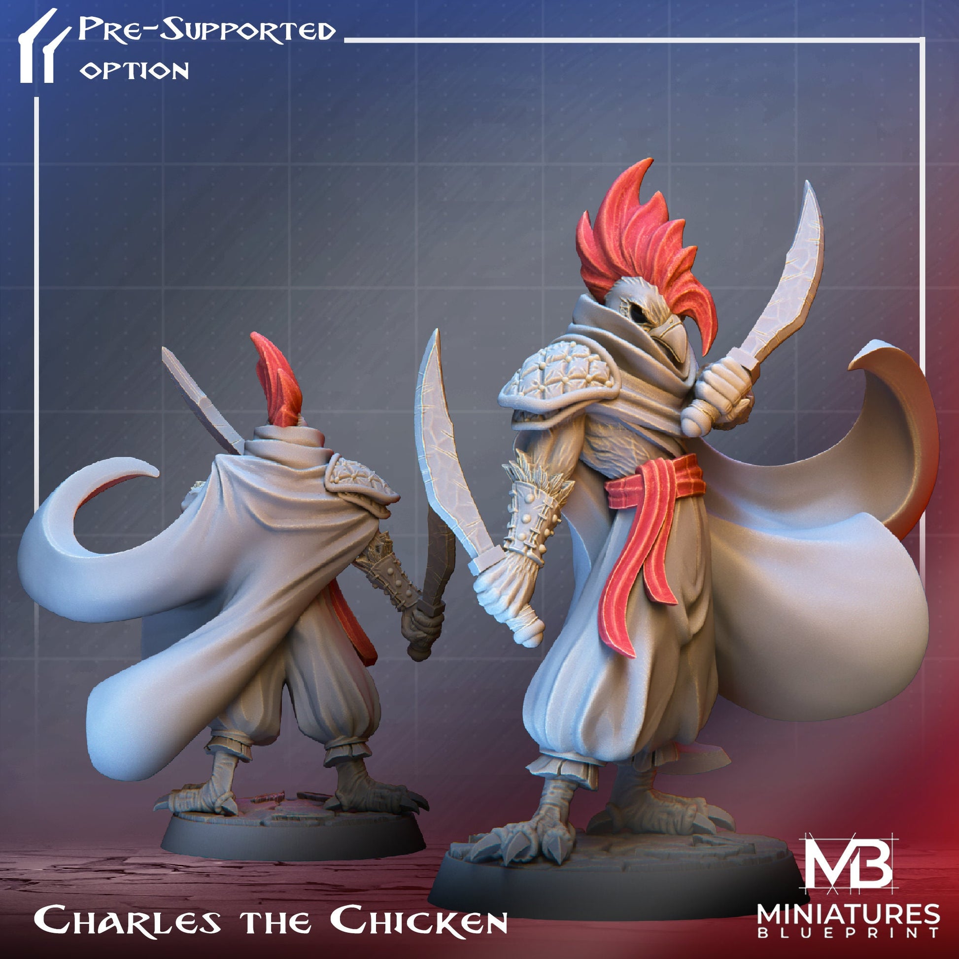 Chicken Warrior Miniature, Charles | Tabletop RPG Miniature | Miniatures Blueprint | Roleplaying 3D Printed Fantasy Mini - 3DPrintDen