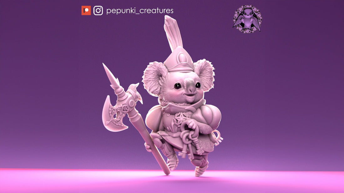 Koala Warrior Miniature | Tabletop RPG Miniature | Pepunki Creatures | Roleplaying 3D Printed Fantasy Mini - 3DPrintDen