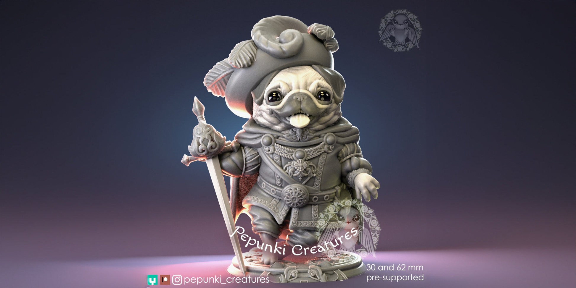 Pug Chevalier Miniature | Tabletop RPG Miniature | Pepunki Creatures | Roleplaying 3D Printed Fantasy Mini - 3DPrintDen