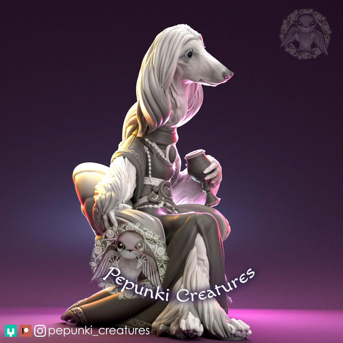 Afghan Hound Noble Miniature, Beatrice | Tabletop RPG Miniature | Pepunki Creatures | Roleplaying 3D Printed Fantasy Mini - 3DPrintDen