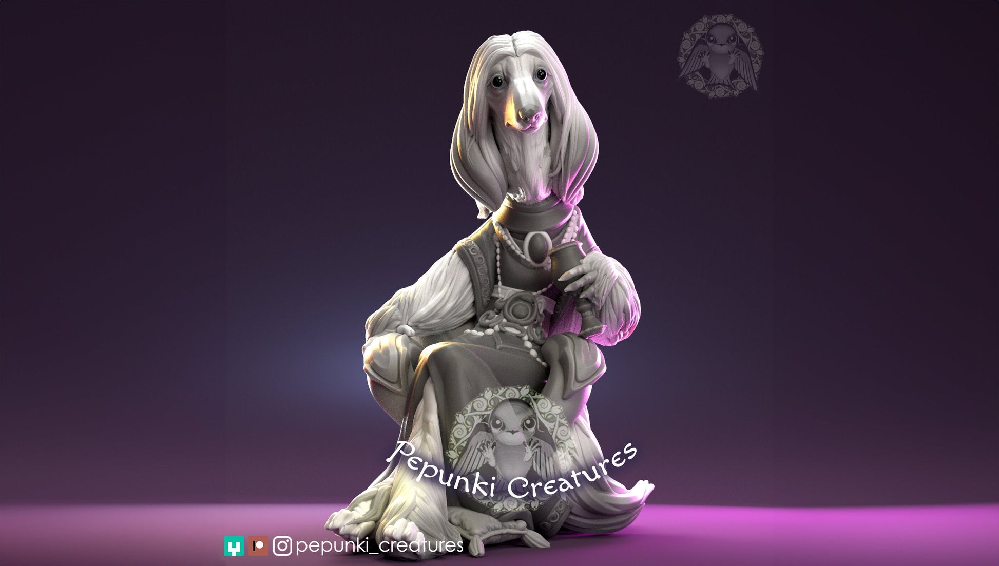 Afghan Hound Noble Miniature, Beatrice | Tabletop RPG Miniature | Pepunki Creatures | Roleplaying 3D Printed Fantasy Mini - 3DPrintDen