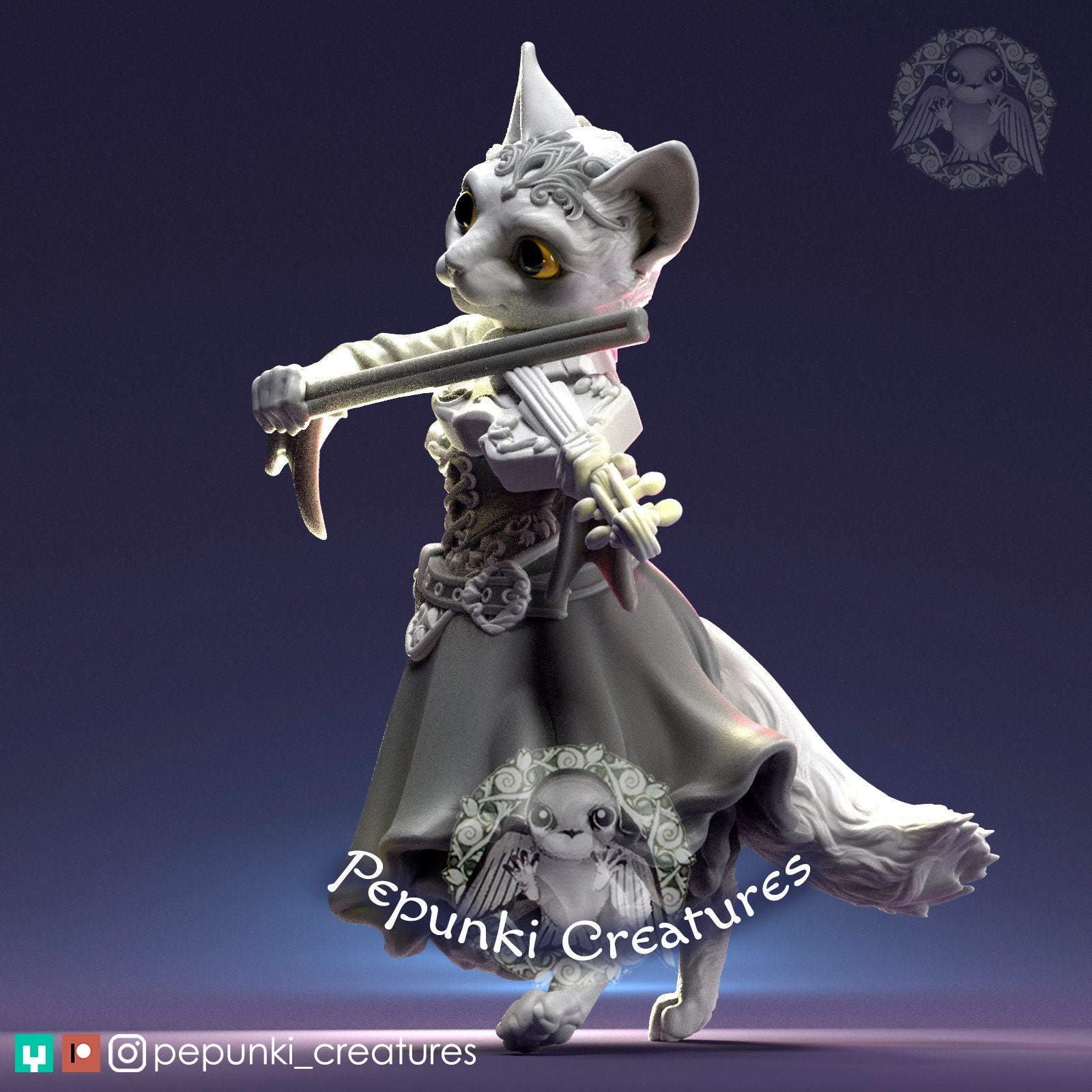 Lady Cat Bard Miniature | Tabletop RPG Miniature | Pepunki Creatures | Roleplaying 3D Printed Fantasy Mini - 3DPrintDen