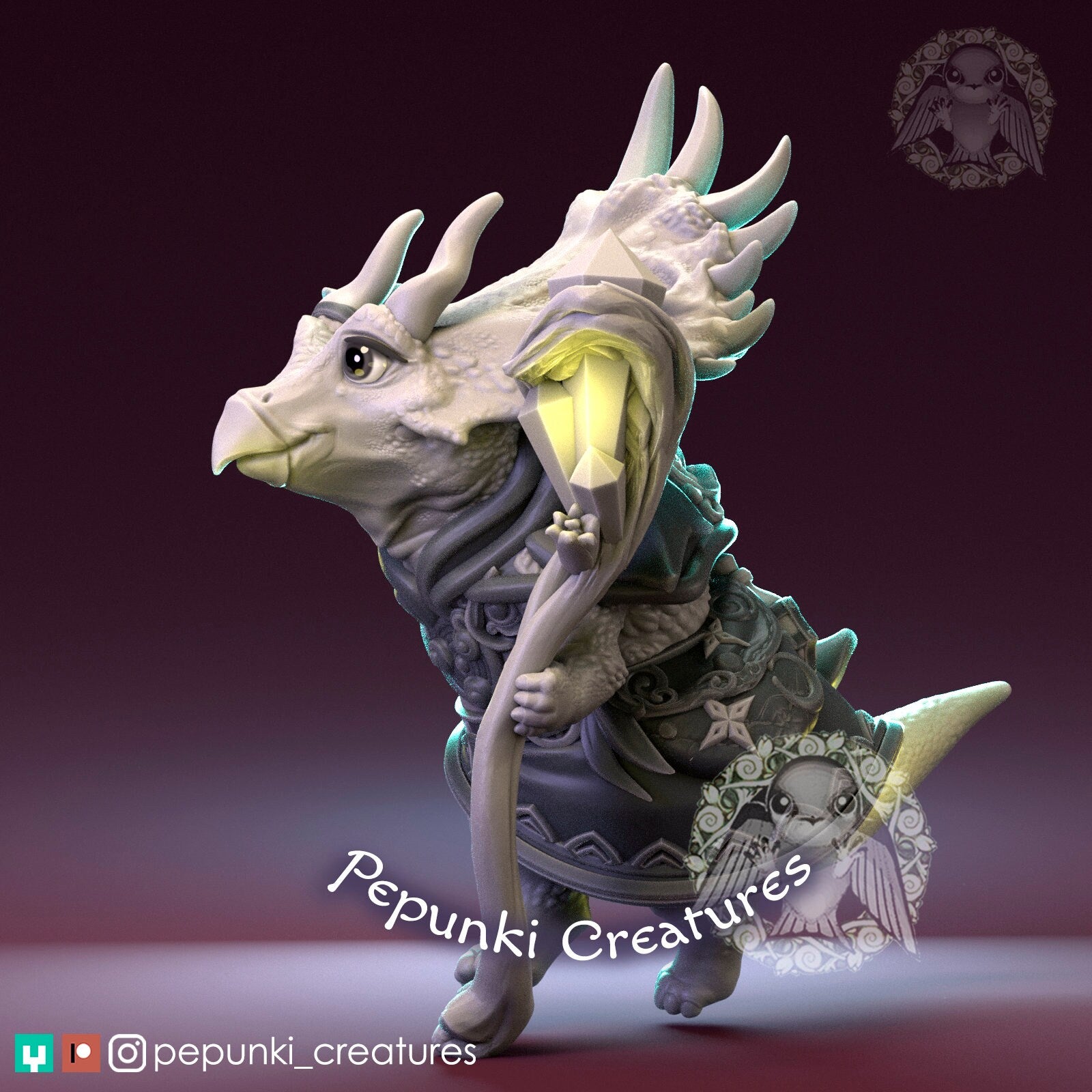 Triceratops Sorceress Miniature | Tabletop RPG Miniature | Pepunki Creatures | Roleplaying 3D Printed Fantasy Mini - 3DPrintDen