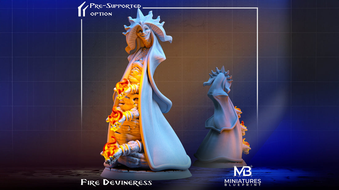 Fire Divineress Miniature | Tabletop RPG Miniature | Miniatures Blueprint | Roleplaying 3D Printed Fantasy Mini - 3DPrintDen