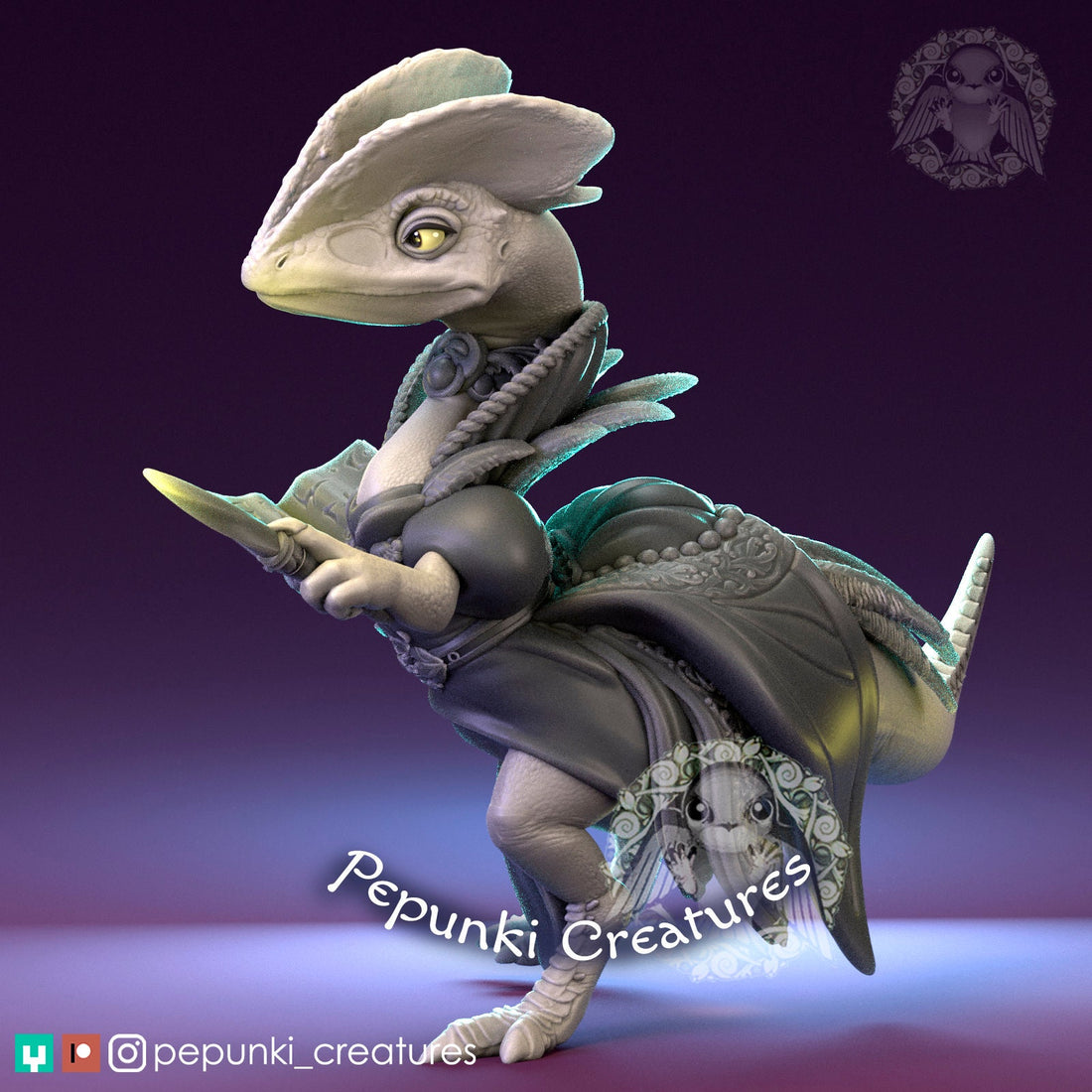 Dilophosaurus Wizardess Miniature | Tabletop RPG Miniature | Pepunki Creatures | Roleplaying 3D Printed Fantasy Mini - 3DPrintDen