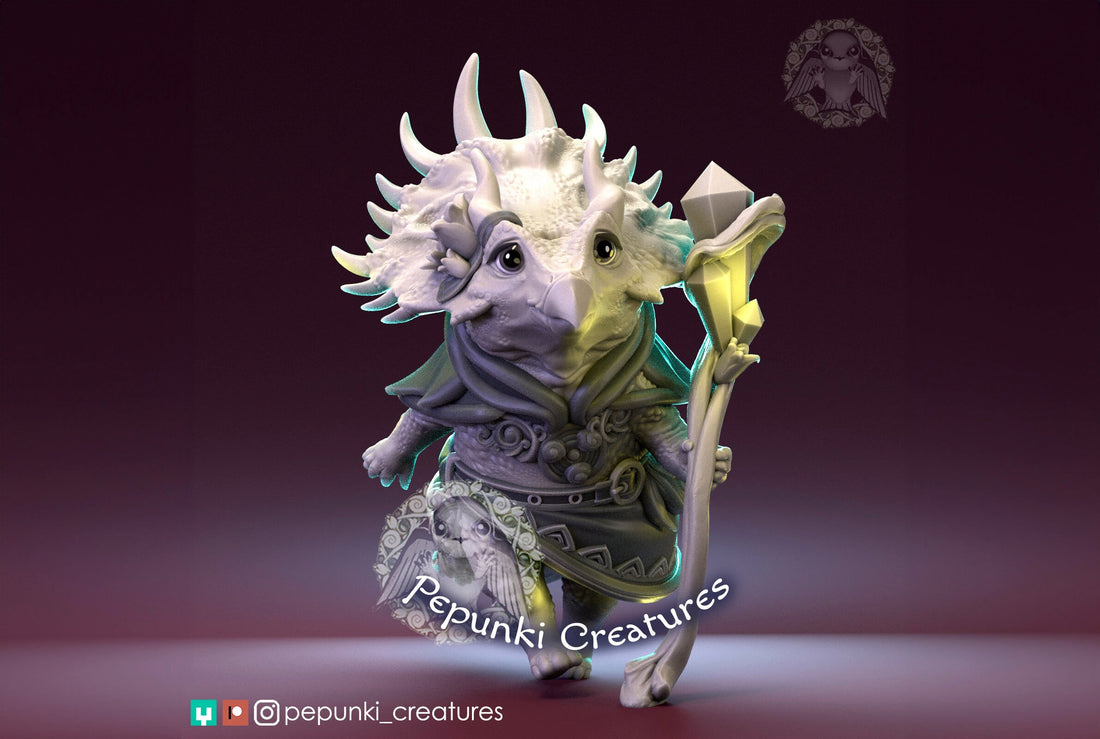 Triceratops Sorceress Miniature | Tabletop RPG Miniature | Pepunki Creatures | Roleplaying 3D Printed Fantasy Mini - 3DPrintDen