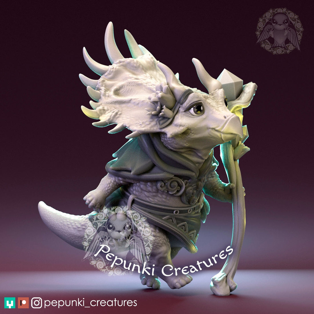 Triceratops Sorceress Miniature | Tabletop RPG Miniature | Pepunki Creatures | Roleplaying 3D Printed Fantasy Mini - 3DPrintDen