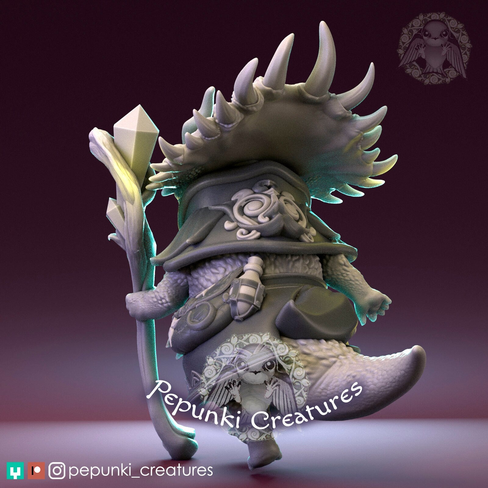 Triceratops Sorceress Miniature | Tabletop RPG Miniature | Pepunki Creatures | Roleplaying 3D Printed Fantasy Mini - 3DPrintDen