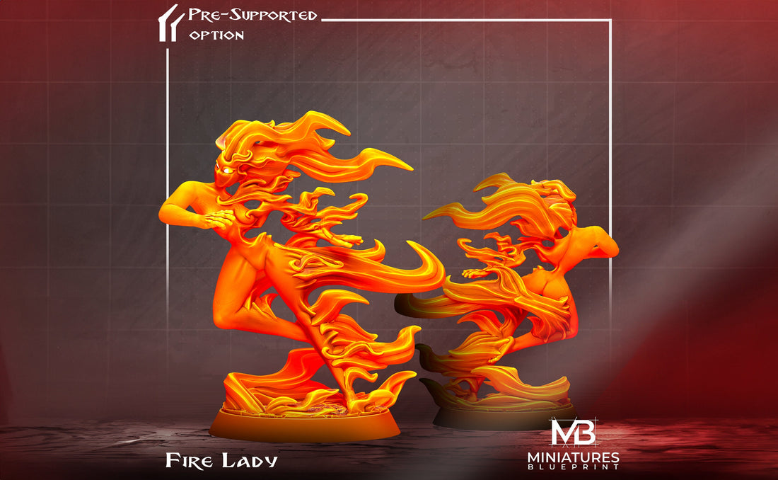 Fire Lady Miniature | Tabletop RPG Miniature | Miniatures Blueprint | Roleplaying 3D Printed Fantasy Mini - 3DPrintDen