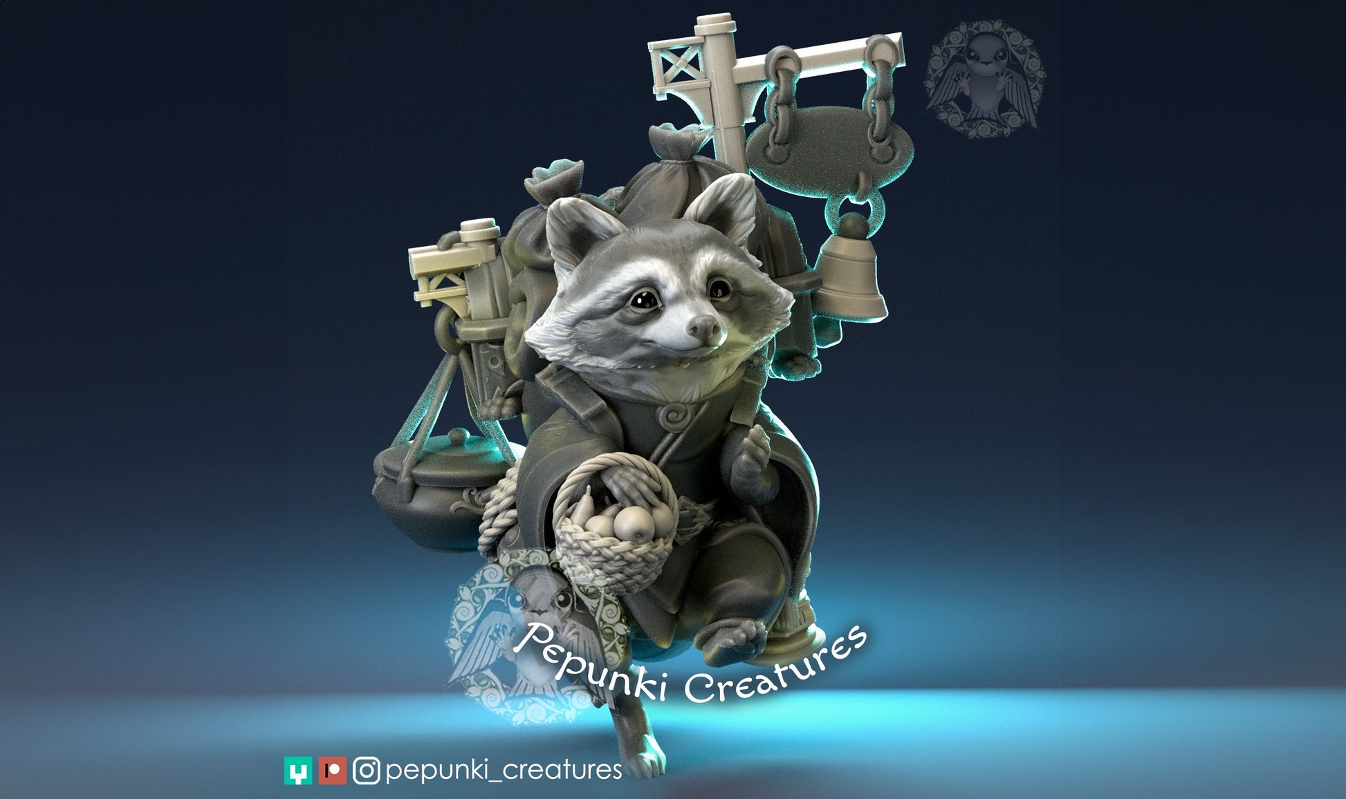 Raccoon Merchant Miniature | Tabletop RPG Miniature | Pepunki Creatures | Roleplaying 3D Printed Fantasy Mini - 3DPrintDen