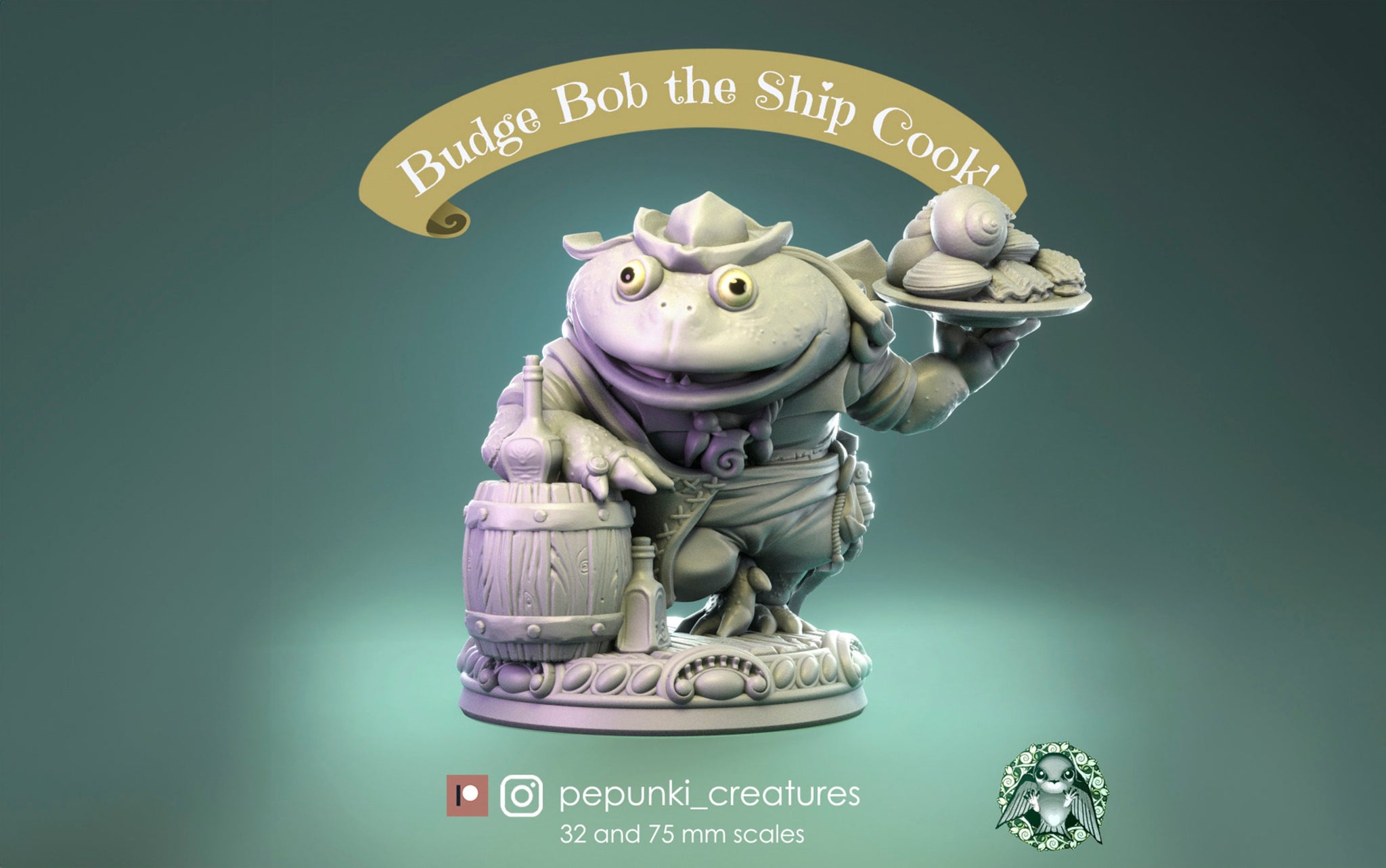 Frog Cook Miniature, Budge Bob | Tabletop RPG Miniature | Pepunki Creatures | Roleplaying 3D Printed Fantasy Mini - 3DPrintDen