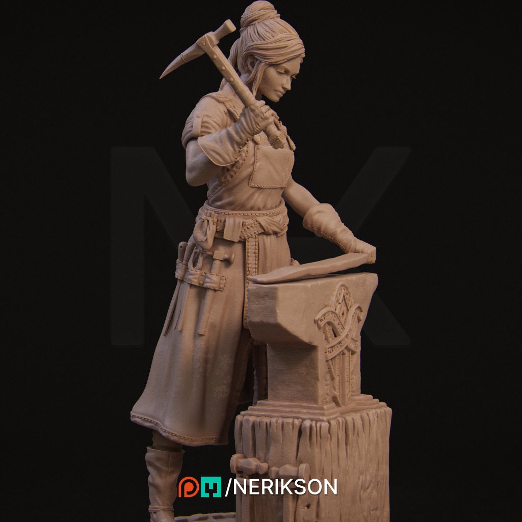 Female Blacksmith Miniature, Lara | Tabletop RPG Miniature | Nerikson | Roleplaying 3D Printed Fantasy Mini - 3DPrintDen